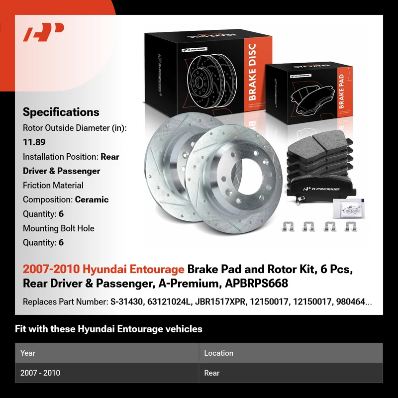 2007-2010 Hyundai Entourage Brake Pad and Rotor Kit, 6 Pcs, Rear Driver & Passenger, A-Premium, APBRPS668
