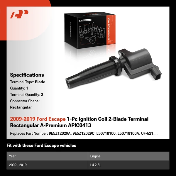 2009-2019 Ford Escape 1-Pc Ignition Coil 2-Blade Terminal Rectangular A-Premium APIC0413