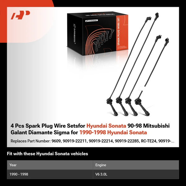 4 Pcs Spark Plug Wire Setsfor Hyundai Sonata 90-98 Mitsubishi Galant Diamante Sigma for 1990-1998 Hyundai Sonata