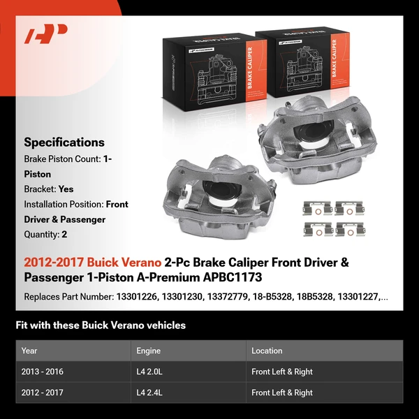 2012-2017 Buick Verano 2-Pc Brake Caliper Front Driver & Passenger 1-Piston A-Premium APBC1173