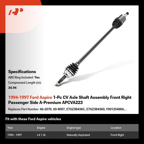1994-1997 Ford Aspire 1-Pc CV Axle Shaft Assembly Front Right Passenger Side A-Premium APCVA223