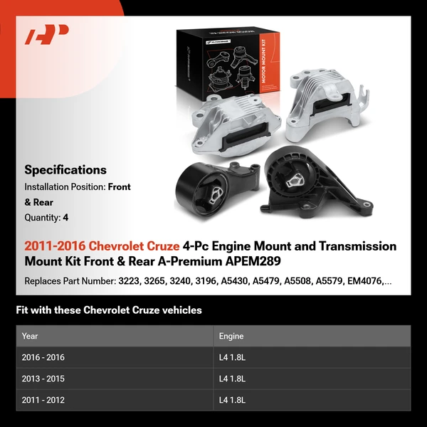 2011-2016 Chevrolet Cruze 4-Pc Engine Mount and Transmission Mount Kit Front & Rear A-Premium APEM289
