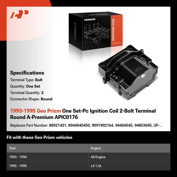 1993-1995 Geo Prizm One Set-Pc Ignition Coil 2-Bolt Terminal Round A-Premium APIC0176