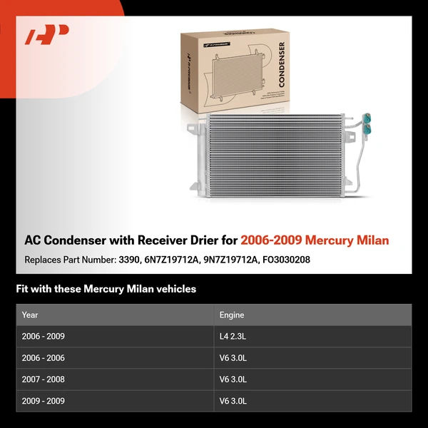AC Condenser with Receiver Drier for 2006-2009 Mercury Milan