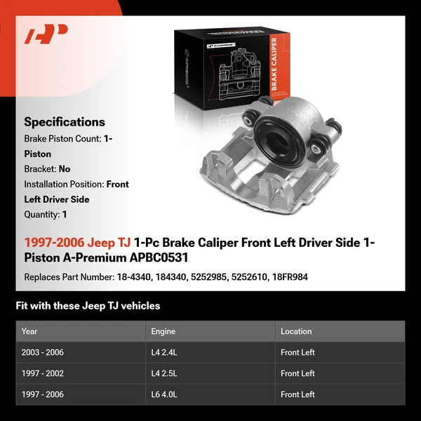 1997-2006 Jeep TJ 1-Pc Brake Caliper Front Left Driver Side 1-Piston A-Premium APBC0531