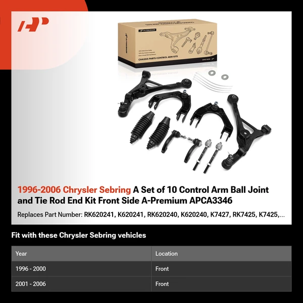 1996-2006 Chrysler Sebring A Set of 10 Control Arm Ball Joint and Tie Rod End Kit Front Side A-Premium APCA3346