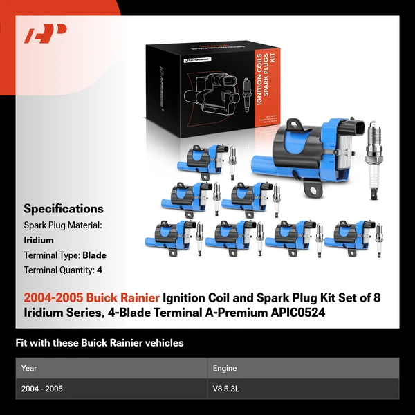 2004-2005 Buick Rainier Ignition Coil and Spark Plug Kit Set of 8 Iridium Series, 4-Blade Terminal A-Premium APIC0524