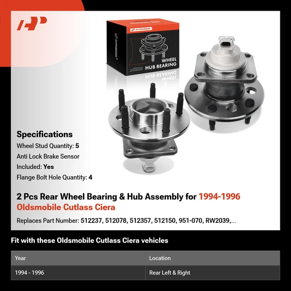 2 Pcs Rear Wheel Bearing & Hub Assembly for 1994-1996 Oldsmobile Cutlass Ciera