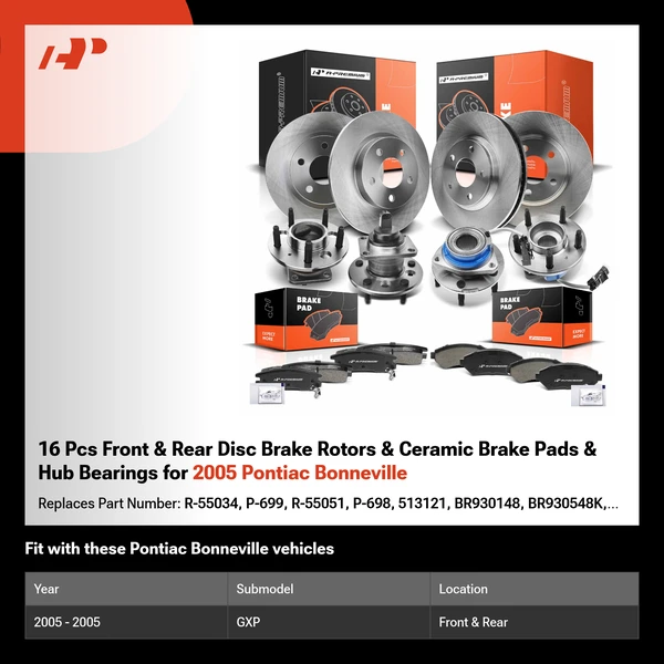 16 Pcs Front & Rear Disc Brake Rotors & Ceramic Brake Pads & Hub Bearings for 2005 Pontiac Bonneville