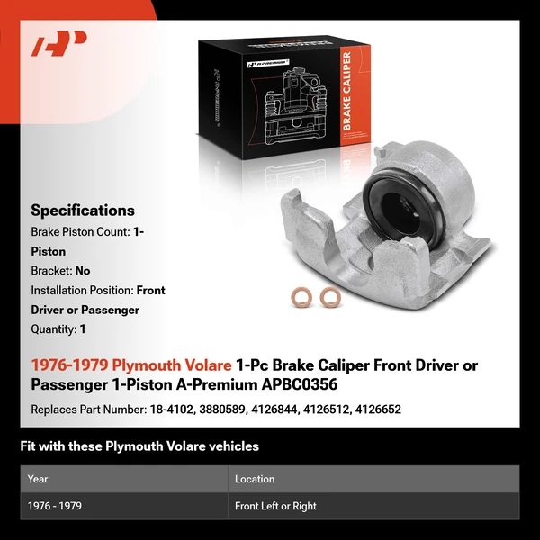 1976-1979 Plymouth Volare 1-Pc Brake Caliper Front Driver or Passenger 1-Piston A-Premium APBC0356