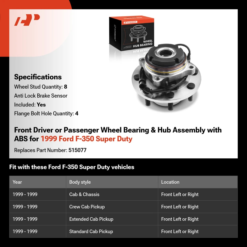 Front Driver or Passenger Wheel Bearing & Hub Assembly with ABS for 1999 Ford F-350 Super Duty
