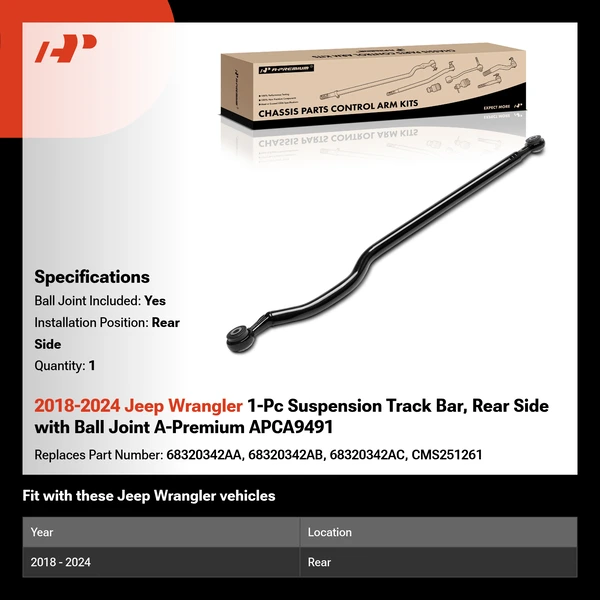 2018-2024 Jeep Wrangler 1-Pc Suspension Track Bar, Rear Side with Ball Joint A-Premium APCA9491