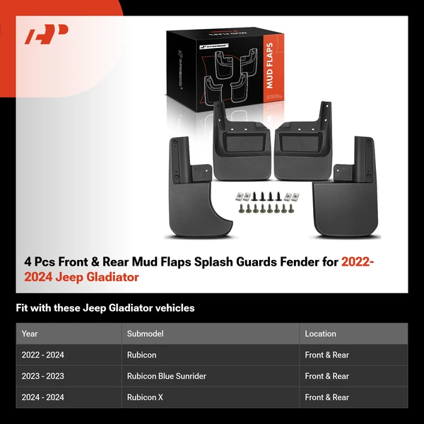 4 Pcs Front & Rear Mud Flaps Splash Guards Fender for 2022-2024 Jeep Gladiator