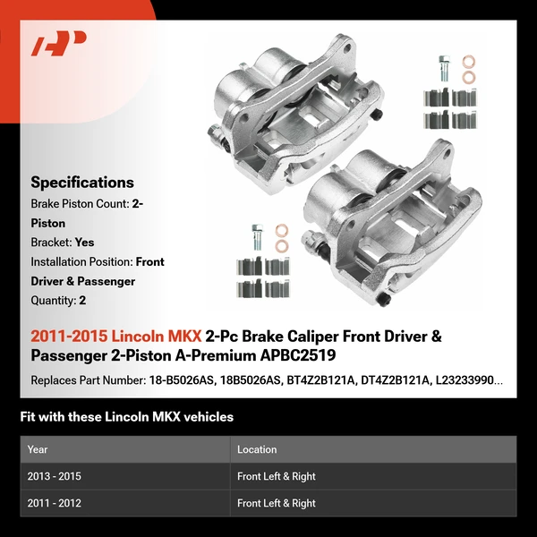 2011-2015 Lincoln MKX 2-Pc Brake Caliper Front Driver & Passenger 2-Piston A-Premium APBC2519