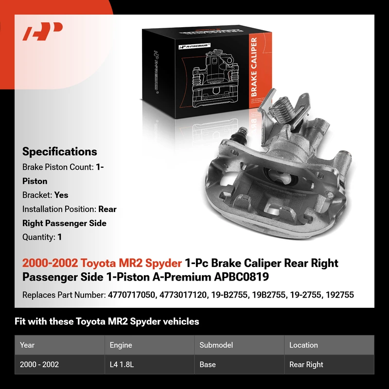 2000-2002 Toyota MR2 Spyder 1-Pc Brake Caliper Rear Right Passenger Side 1-Piston A-Premium APBC0819