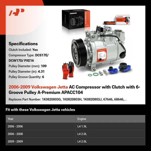 2006-2009 Volkswagen Jetta AC Compressor with Clutch with 6-Groove Pulley A-Premium APACC104