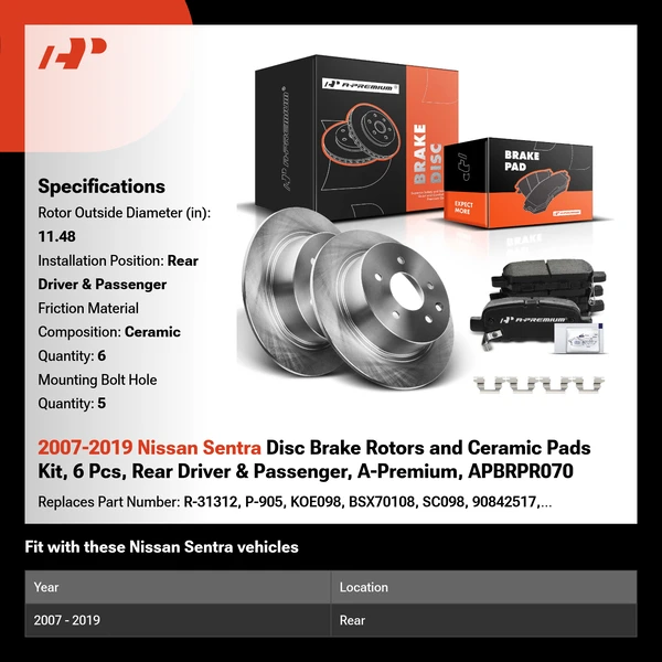 2007-2019 Nissan Sentra Disc Brake Rotors and Ceramic Pads Kit, 6 Pcs, Rear Driver & Passenger, A-Premium, APBRPR070