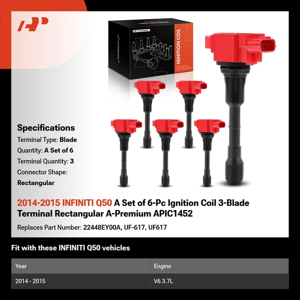 2014-2015 INFINITI Q50 A Set of 6-Pc Ignition Coil 3-Blade Terminal Rectangular A-Premium APIC1452
