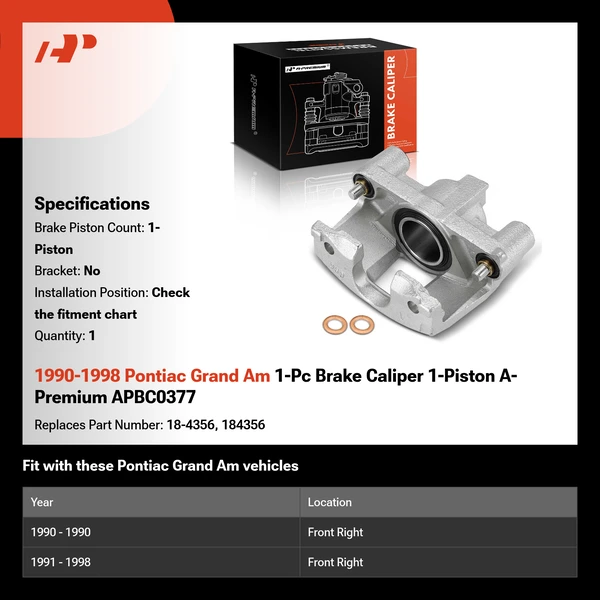 1990-1998 Pontiac Grand Am 1-Pc Brake Caliper 1-Piston A-Premium APBC0377