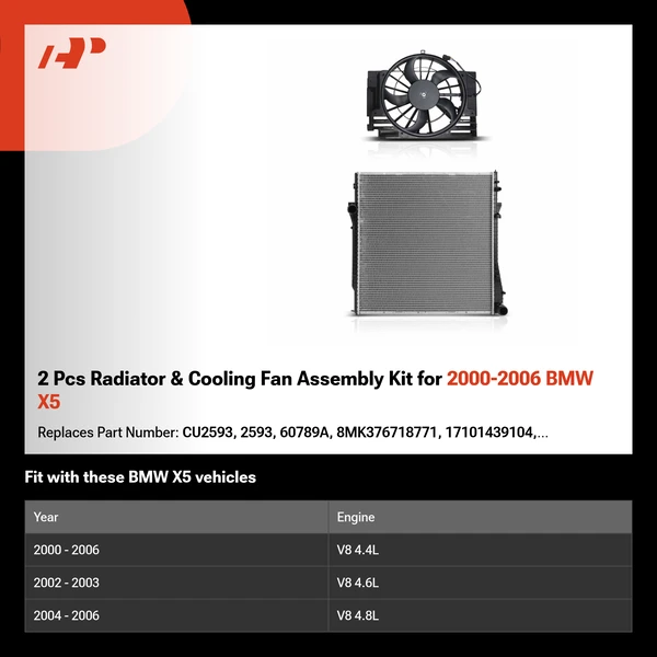 2 Pcs Radiator & Cooling Fan Assembly Kit for 2000-2006 BMW X5