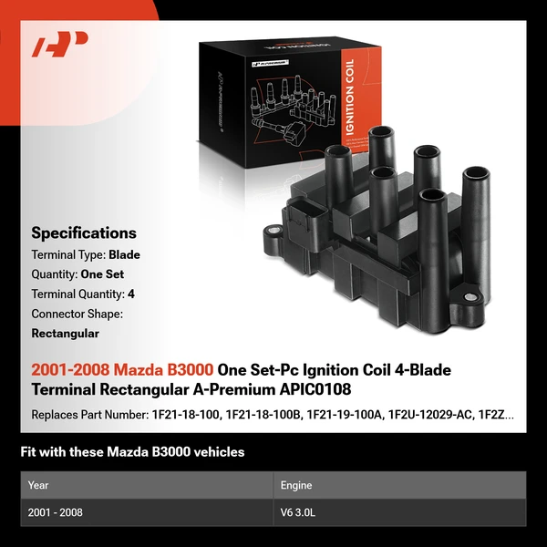 2001-2008 Mazda B3000 One Set-Pc Ignition Coil 4-Blade Terminal Rectangular A-Premium APIC0108