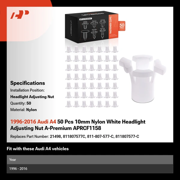 1996-2016 Audi A4 50 Pcs 10mm Nylon White Headlight Adjusting Nut A-Premium APRCF1158