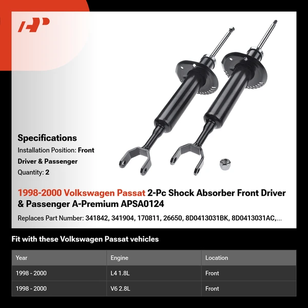 1998-2000 Volkswagen Passat 2-Pc Shock Absorber Front Driver & Passenger A-Premium APSA0124