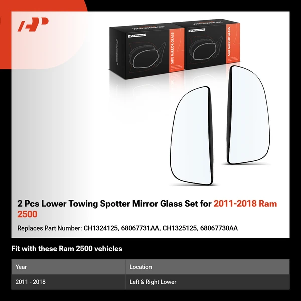 2 Pcs Lower Towing Spotter Mirror Glass Set for 2011-2018 Ram 2500