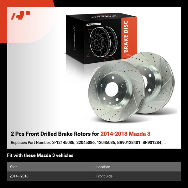 2 Pcs Front Drilled Brake Rotors for 2014-2018 Mazda 3