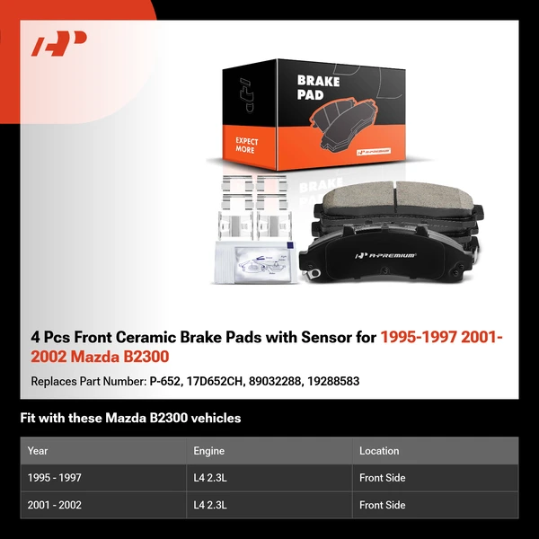 4 Pcs Front Ceramic Brake Pads with Sensor for 1995-1997 2001-2002 Mazda B2300