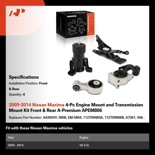 2009-2014 Nissan Maxima 4-Pc Engine Mount and Transmission Mount Kit Front & Rear A-Premium APEM806