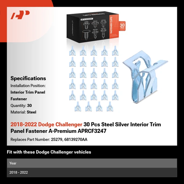 2018-2022 Dodge Challenger 30 Pcs Steel Silver Interior Trim Panel Fastener A-Premium APRCF3247