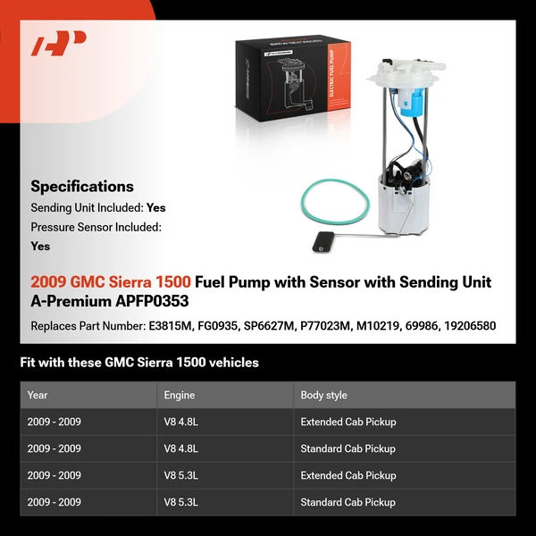 2009 GMC Sierra 1500 Fuel Pump with Sensor with Sending Unit A-Premium APFP0353