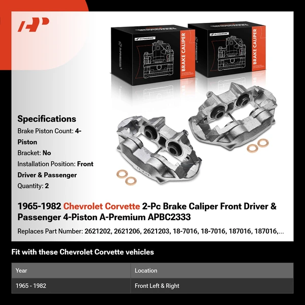 1965-1982 Chevrolet Corvette 2-Pc Brake Caliper Front Driver & Passenger 4-Piston A-Premium APBC2333