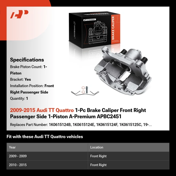 2009-2015 Audi TT Quattro 1-Pc Brake Caliper Front Right Passenger Side 1-Piston A-Premium APBC2451