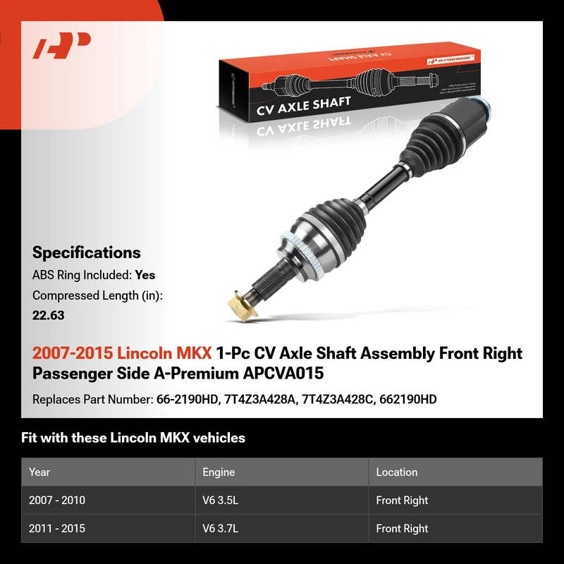 2007-2015 Lincoln MKX 1-Pc CV Axle Shaft Assembly Front Right Passenger Side A-Premium APCVA015