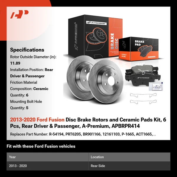 2013-2020 Ford Fusion Disc Brake Rotors and Ceramic Pads Kit, 6 Pcs, Rear Driver & Passenger, A-Premium, APBRPR414