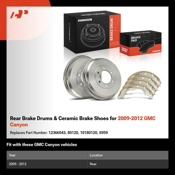 Rear Brake Drums & Ceramic Brake Shoes for 2009-2012 GMC Canyon