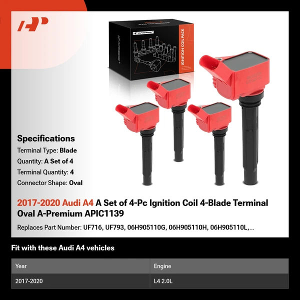 2017-2020 Audi A4 A Set of 4-Pc Ignition Coil 4-Blade Terminal Oval A-Premium APIC1139