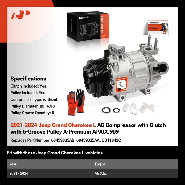 2021-2024 Jeep Grand Cherokee L AC Compressor with Clutch with 6-Groove Pulley A-Premium APACC909