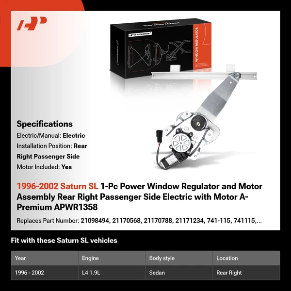1996-2002 Saturn SL 1-Pc Power Window Regulator and Motor Assembly Rear Right Passenger Side Electric with Motor A-Premium APWR1358