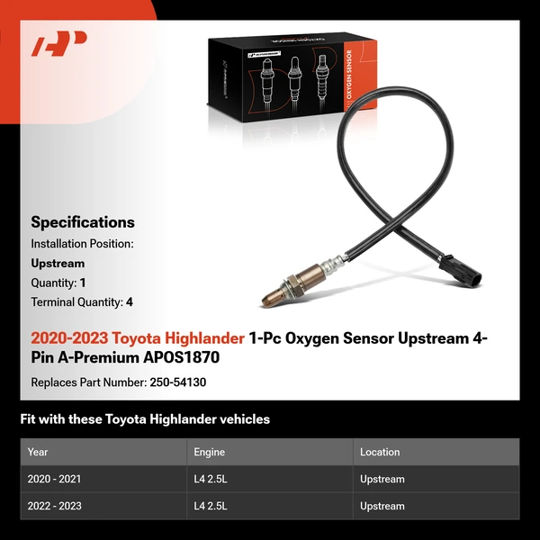 2020-2023 Toyota Highlander 1-Pc Oxygen Sensor Upstream 4-Pin A-Premium APOS1870