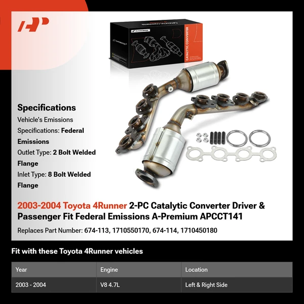 2003-2004 Toyota 4Runner 2-PC Catalytic Converter Driver & Passenger Fit Federal Emissions A-Premium APCCT141