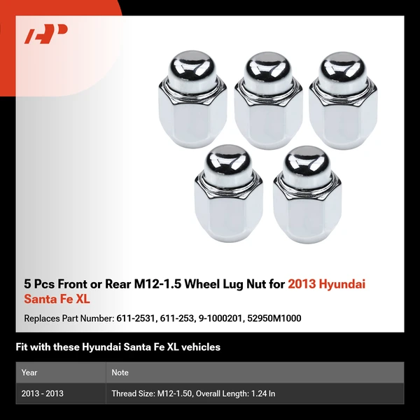 5 Pcs Front or Rear M12-1.5 Wheel Lug Nut for 2013 Hyundai Santa Fe XL