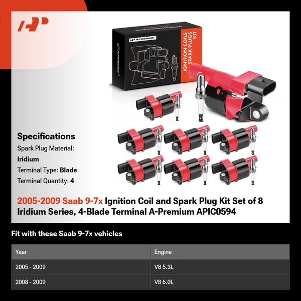 2005-2009 Saab 9-7x Ignition Coil and Spark Plug Kit Set of 8 Iridium Series, 4-Blade Terminal A-Premium APIC0594
