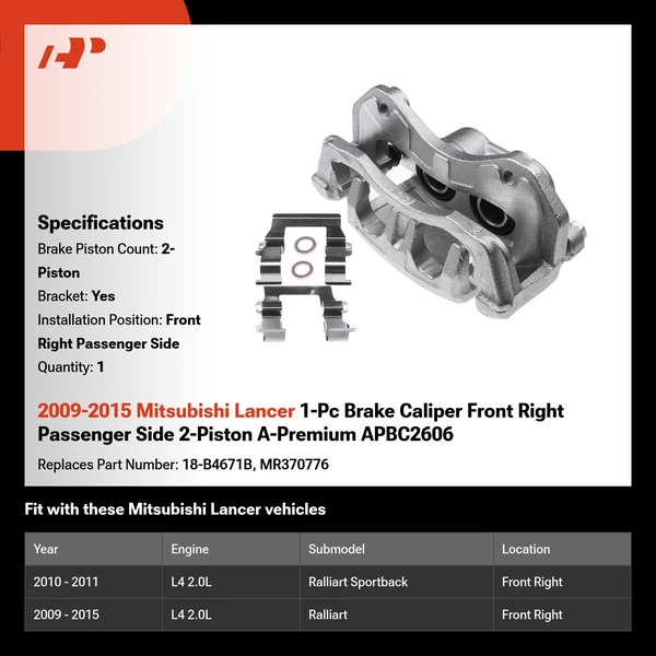 2009-2015 Mitsubishi Lancer 1-Pc Brake Caliper Front Right Passenger Side 2-Piston A-Premium APBC2606