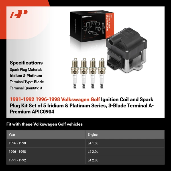 1991-1992 1996-1998 Volkswagen Golf Ignition Coil and Spark Plug Kit Set of 5 Iridium & Platinum Series, 3-Blade Terminal A-Premium APIC0904