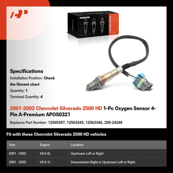 2001-2002 Chevrolet Silverado 2500 HD 1-Pc Oxygen Sensor 4-Pin A-Premium APOS0321