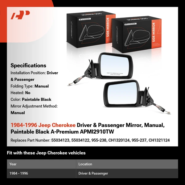 1984-1996 Jeep Cherokee Driver & Passenger Mirror, Manual, Paintable Black A-Premium APMI2910TW