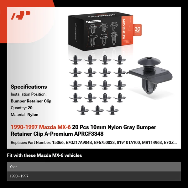 1990-1997 Mazda MX-6 20 Pcs 10mm Nylon Gray Bumper Retainer Clip A-Premium APRCF3348